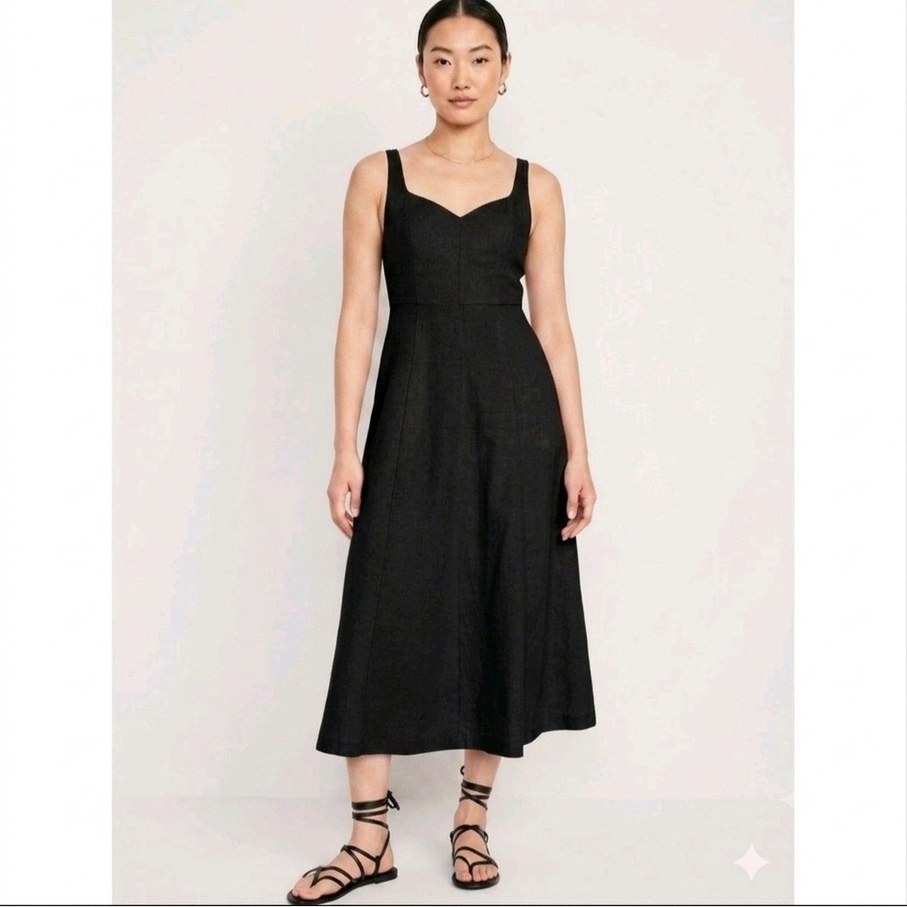New Old Navy Midi Dress Small Linen Blend Fit & Flare Smocked Back Preppy Black